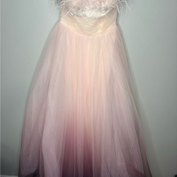 Mac Duggal 20557 STRAPLESS TULLE GOWN WITH FEATHER ACCENTS IN PINK OMBRE NWT - Picture 8 of 11